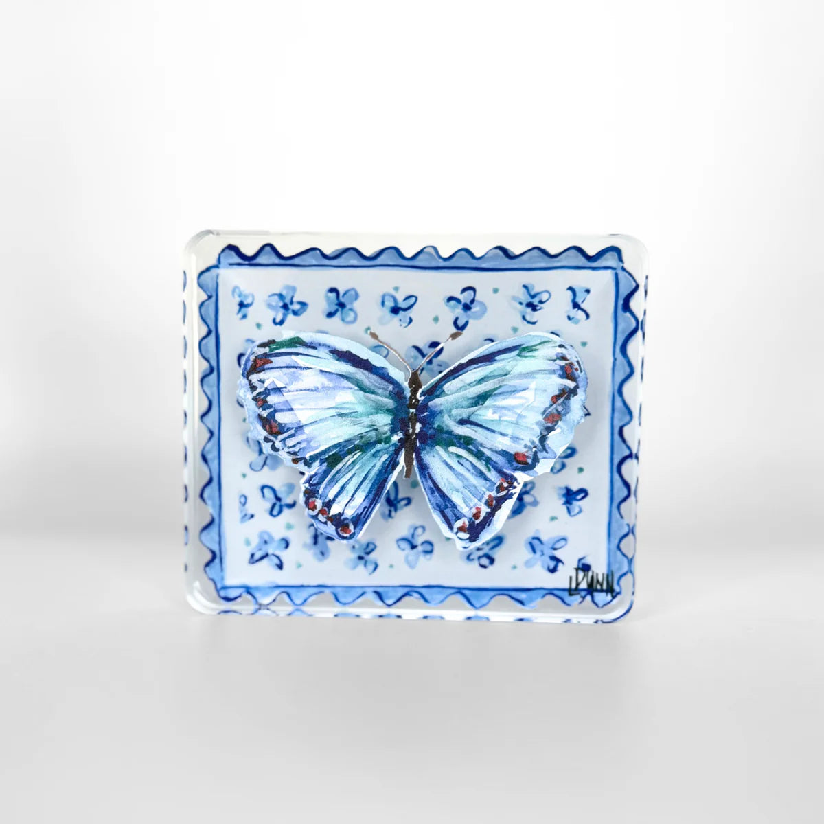 Blue Butterfly on Floral Block | Lauren Dunn
