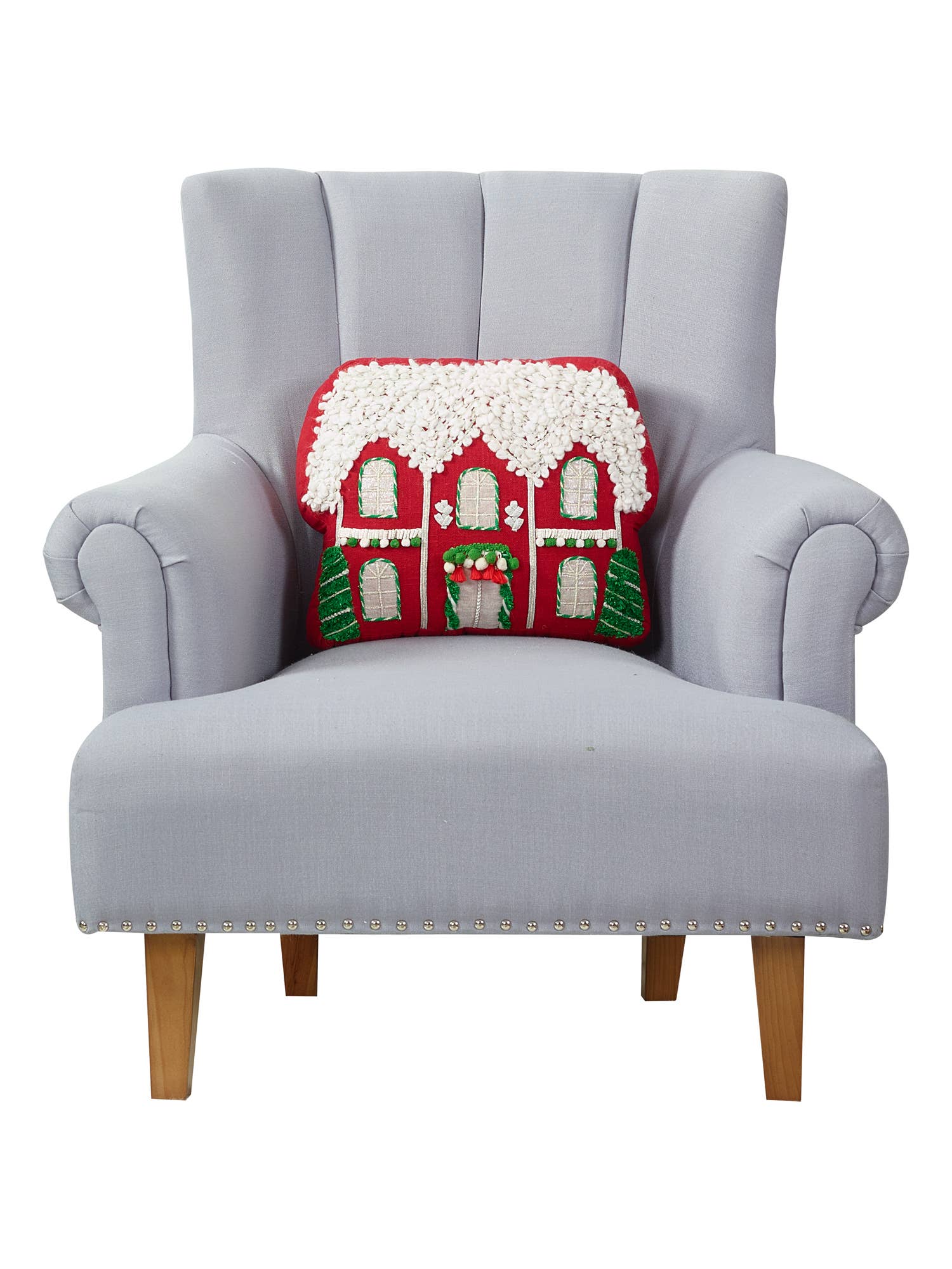 Red House w/Poms Embroidered Applique Pillow