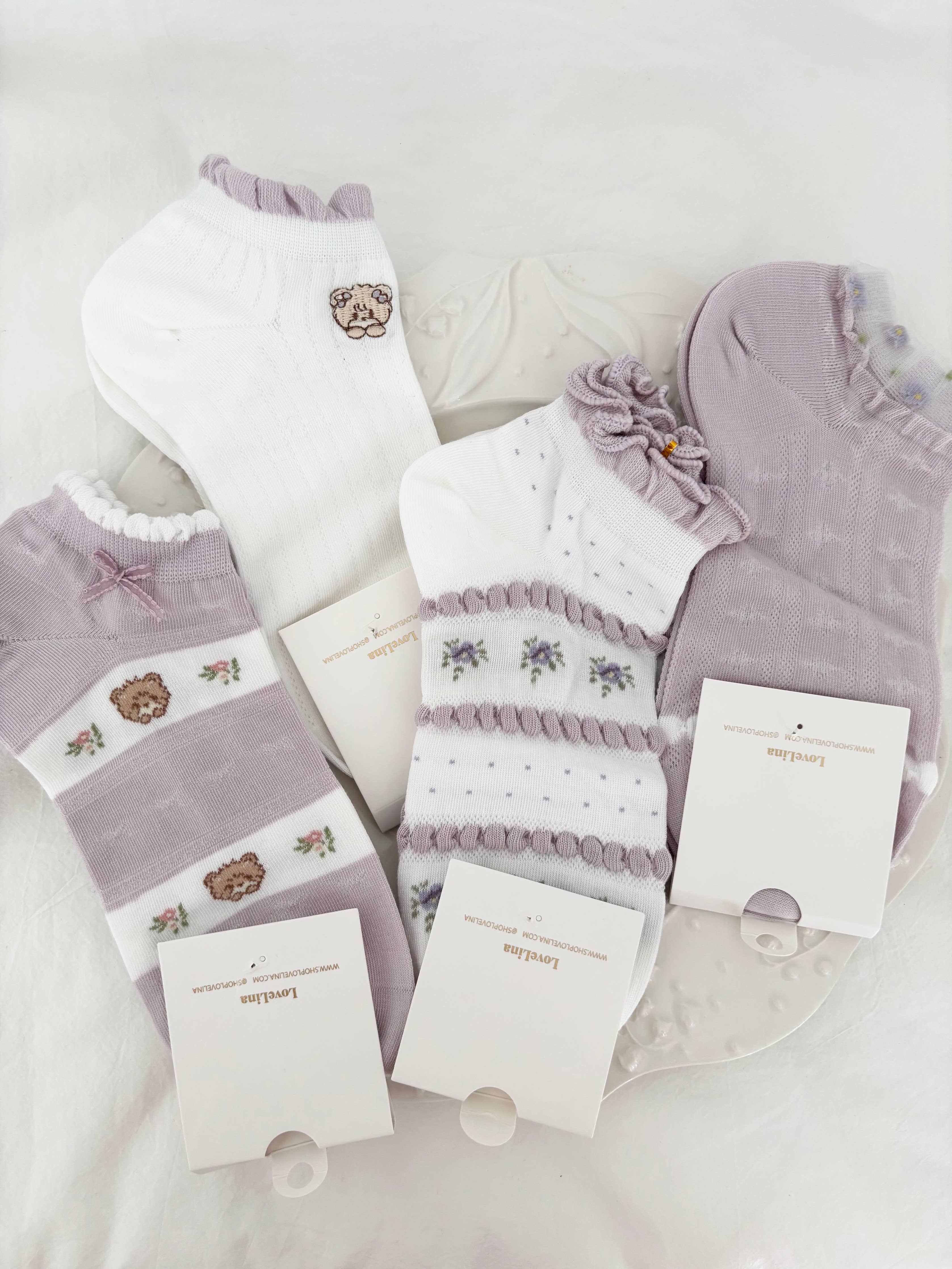 Bear Lavender Lace Cute Socks / Various