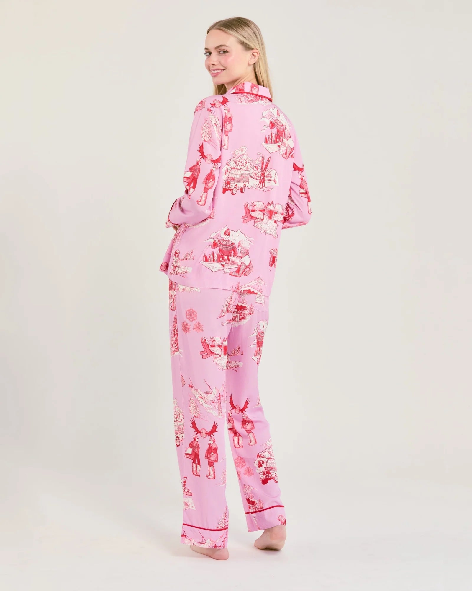Apres Ski Toile Long Sleeve Pajama Pants Set / Lilac Cranberry | Katie Kime