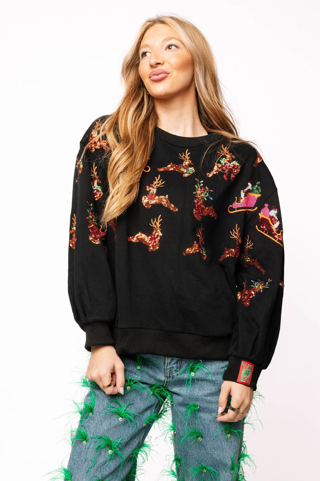 Black Flying Santa & Reindeer Sweatshirt | Queen of Sparkles