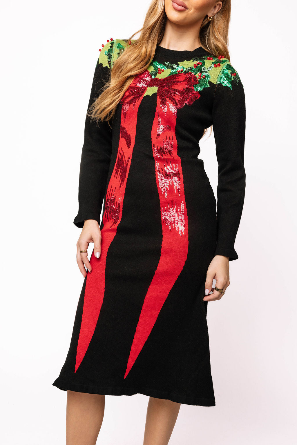 Black, Green & Red Sequin Wreath With Bow Knit Midi Dress | Queen of Sparkles