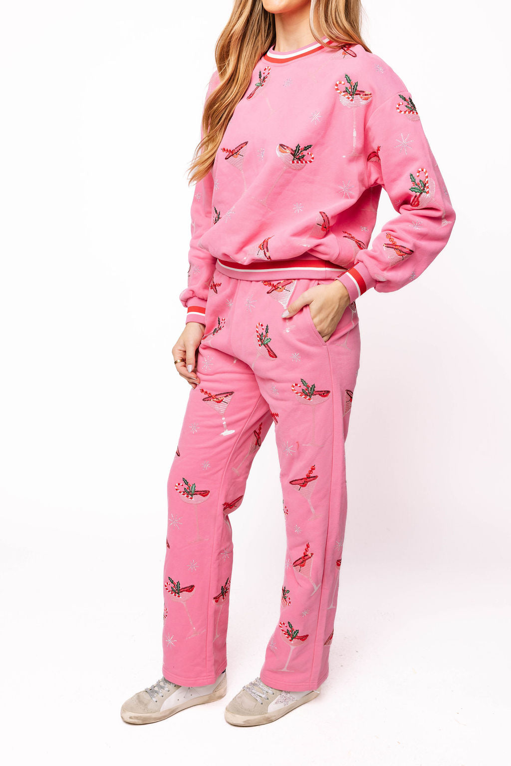 Bright Pink Christmas Cocktail Sweatpant | Queen of Sparkles