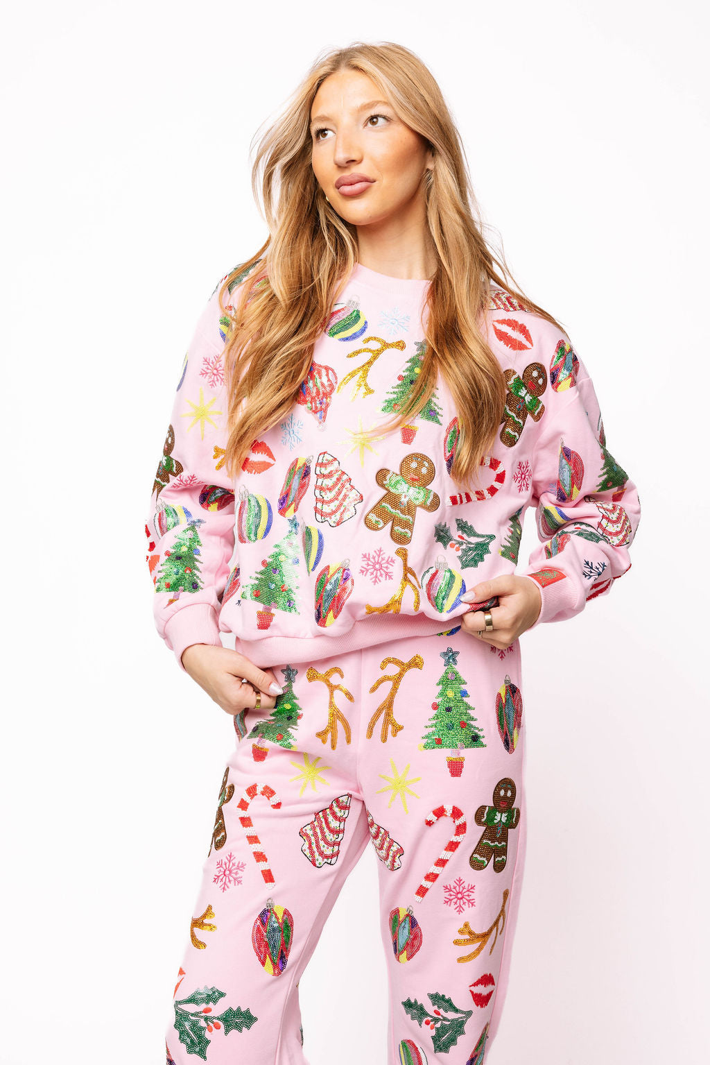 Light Pink Christmas Icons Sweatshirt | Queen of Sparkles