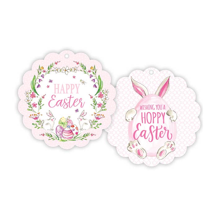 Happy Easter Bunnies with Egg Wreath Scalloped Gift Tag