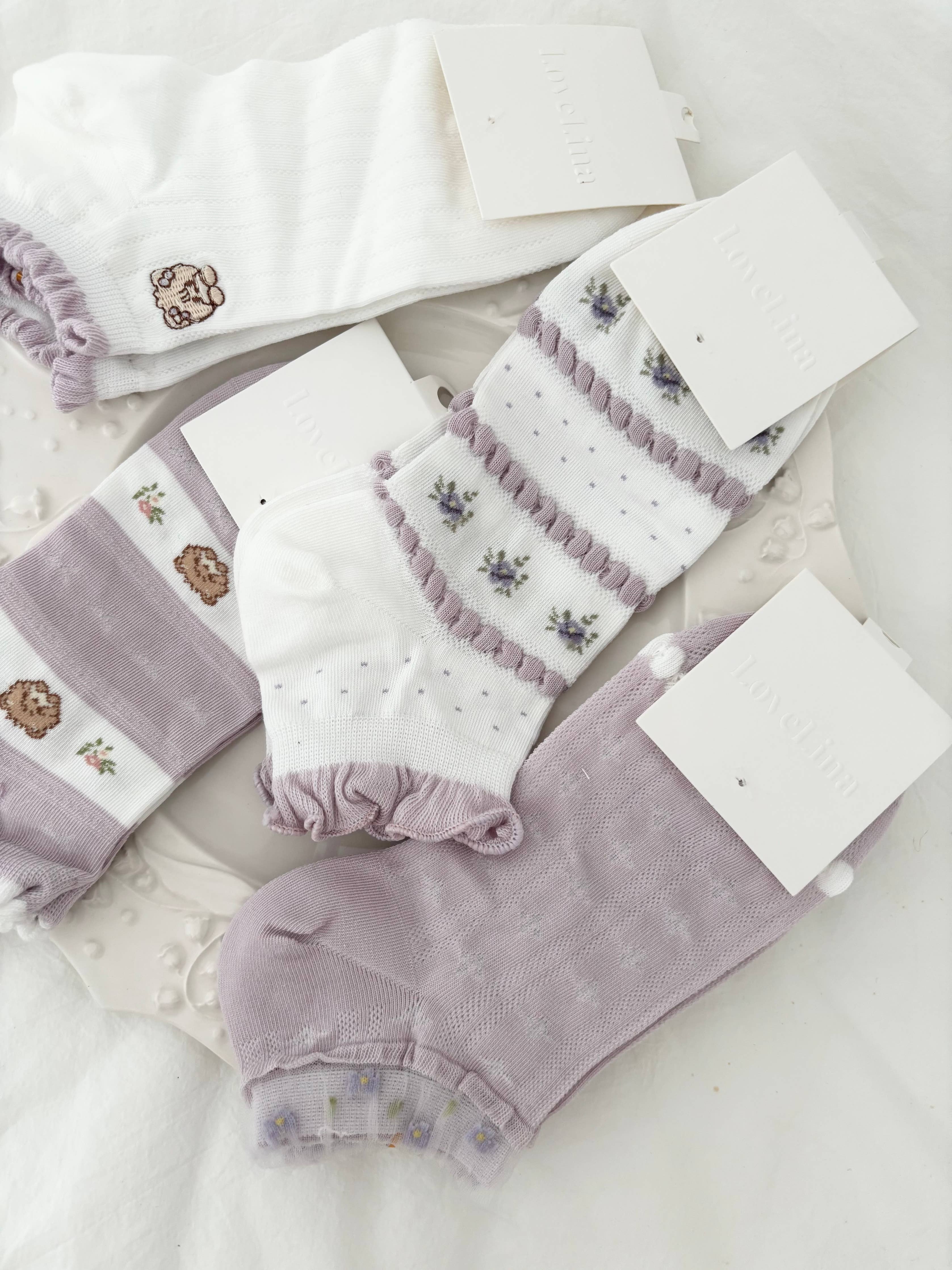 Bear Lavender Lace Cute Socks / Various