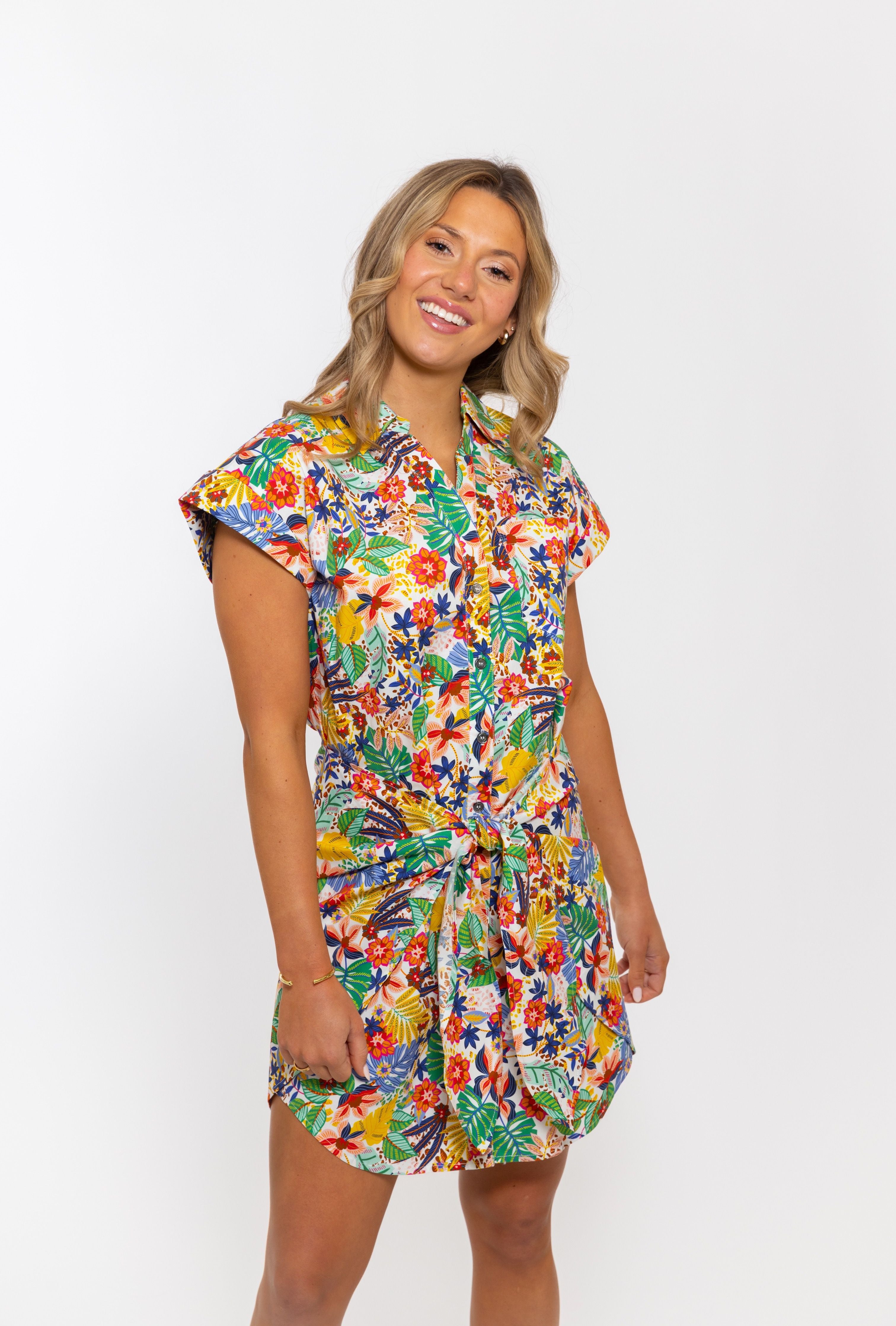 Bright Multi Palm Wrap Shirt Dress | KARLIE