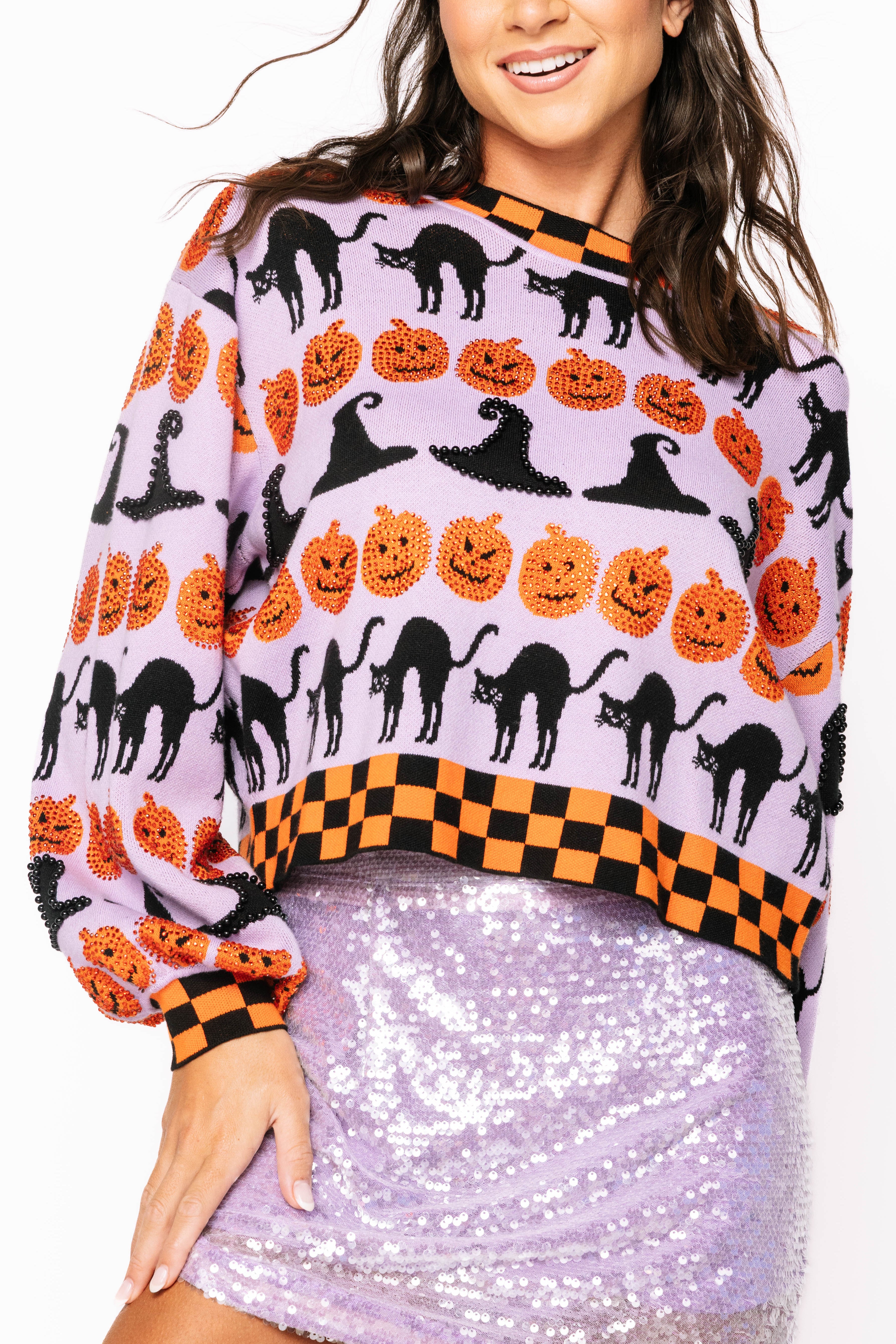Lavender, Black & Orange Checker Trim Halloween Icon Sweater | Queen of Sparkles