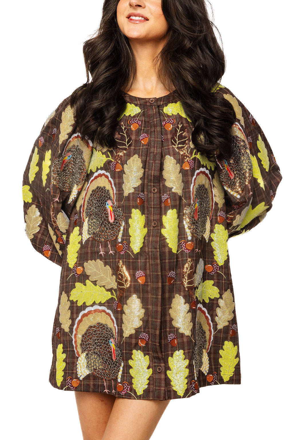 Brown Plaid Turkey & Leaves Button Up Long Sleeve Dress | Queen of Sparkles