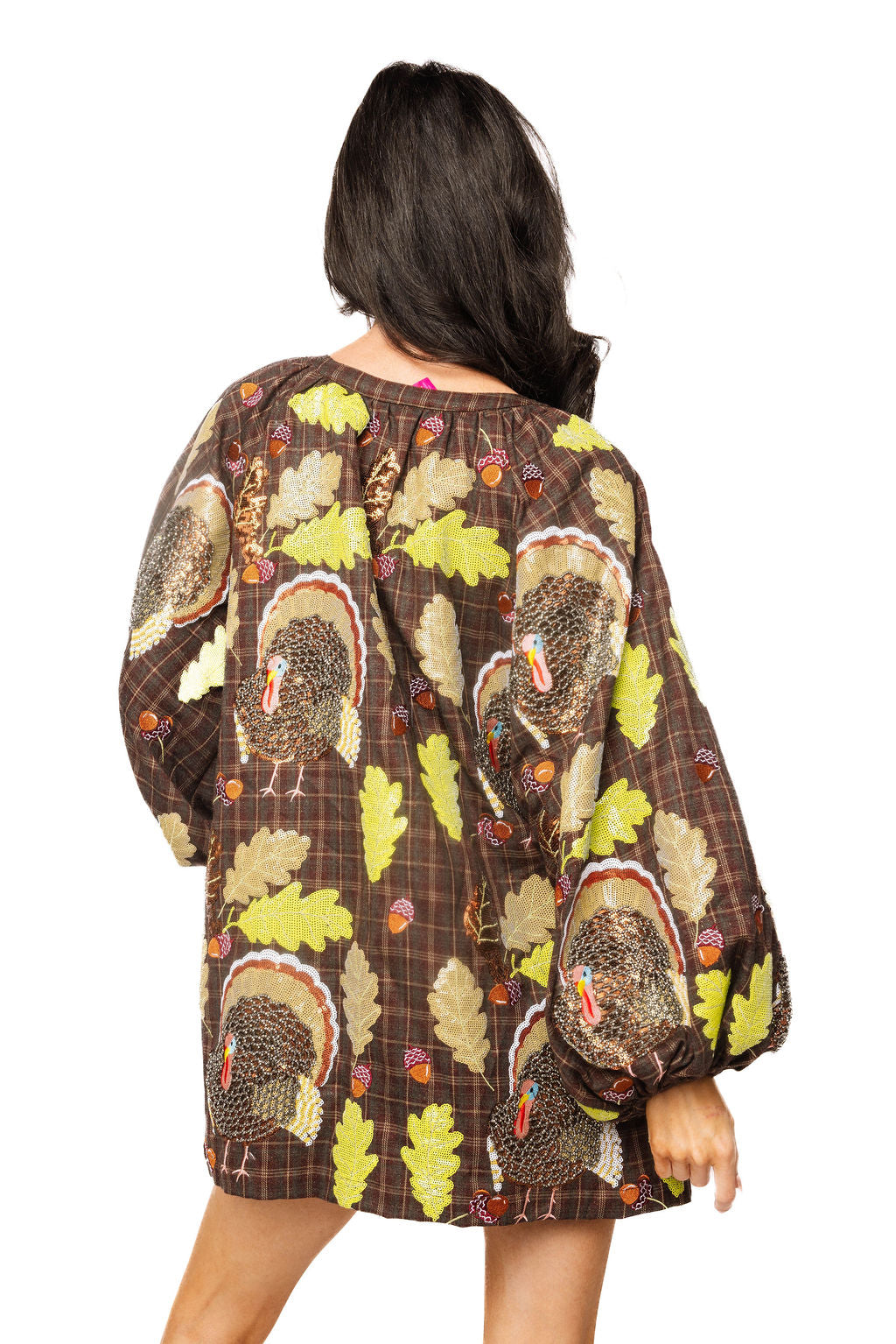 Brown Plaid Turkey & Leaves Button Up Long Sleeve Dress | Queen of Sparkles