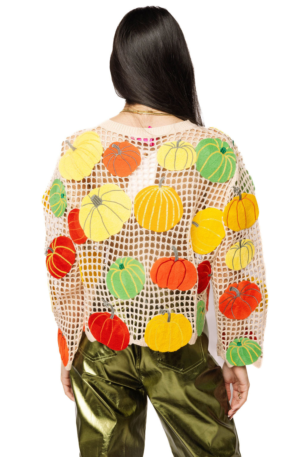 Beige Multi Pumpkin Crochet Button Up Cardigan | Queen of Sparkles
