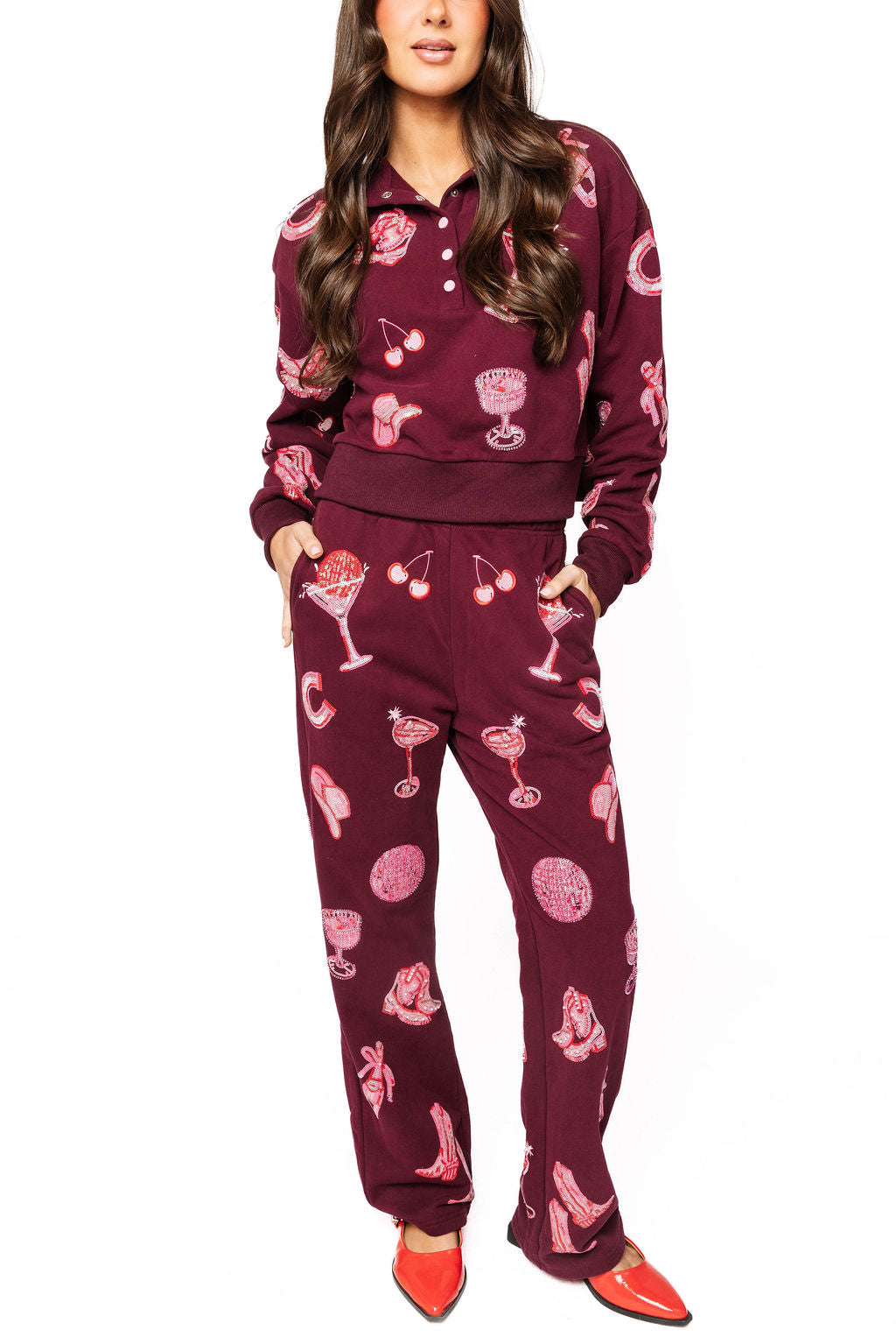 Dark Plum & Pink Disco Cowgirl Icon Henley Sweatshirt | Queen of Sparkles