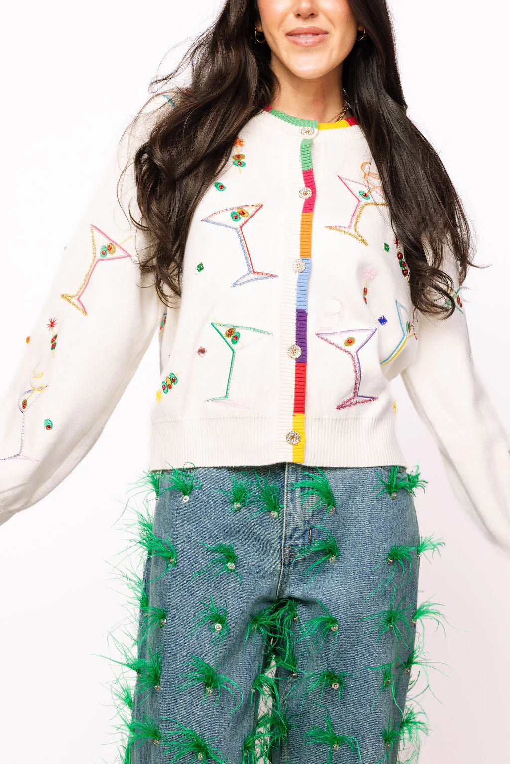 White Multi Cosmo & Martini Button Up Cardigan With Rainbow Trim | Queen of Sparkles