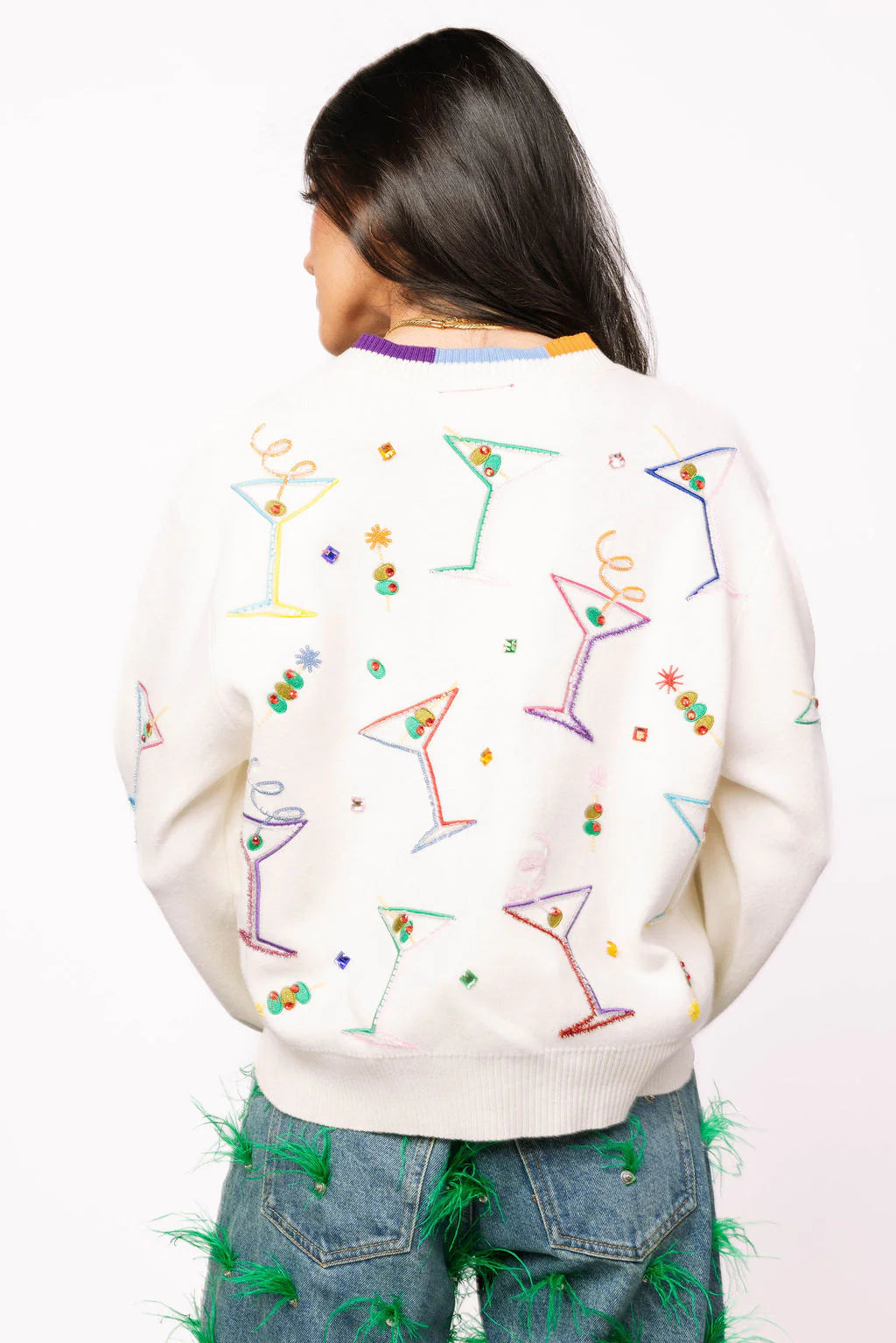 White Multi Cosmo & Martini Button Up Cardigan With Rainbow Trim | Queen of Sparkles