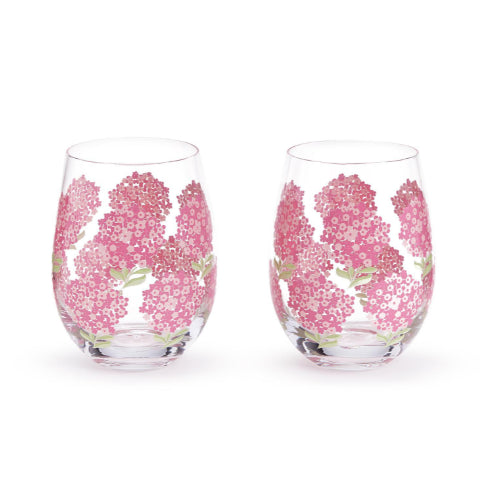Pink Hydrangea Stemless Wine Glass