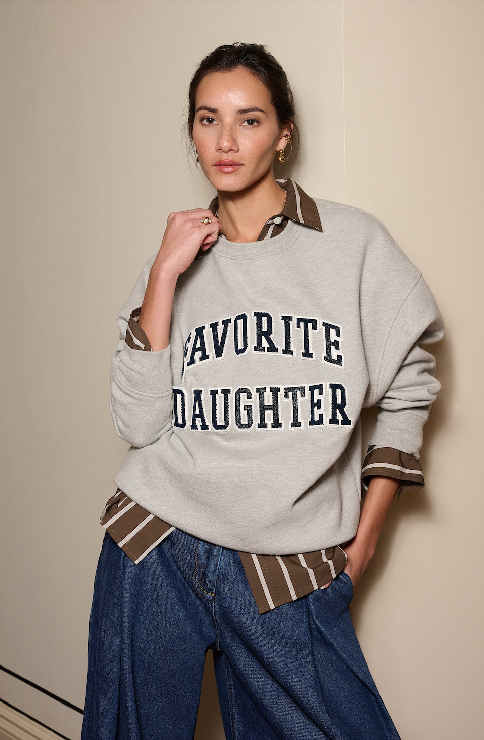 The Embroidery Collegiate Sweatshirt - Heather Gray/Navy | Favorite Daughter