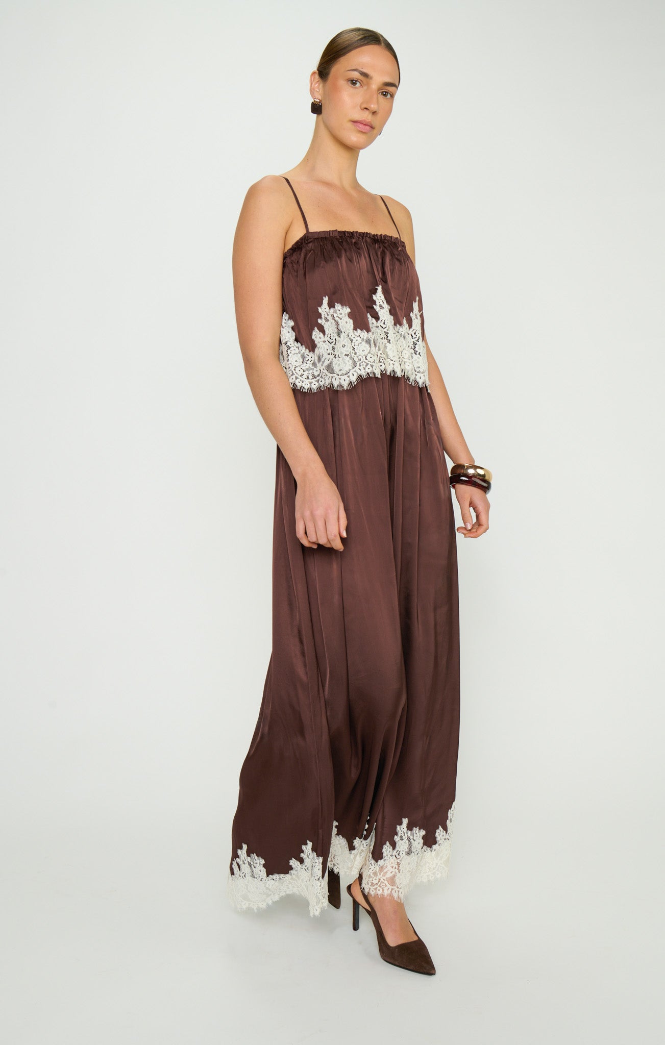 Emmylou Maxi Dress - Chocolate Satin with Lace Trim | Show Me Your MUMU