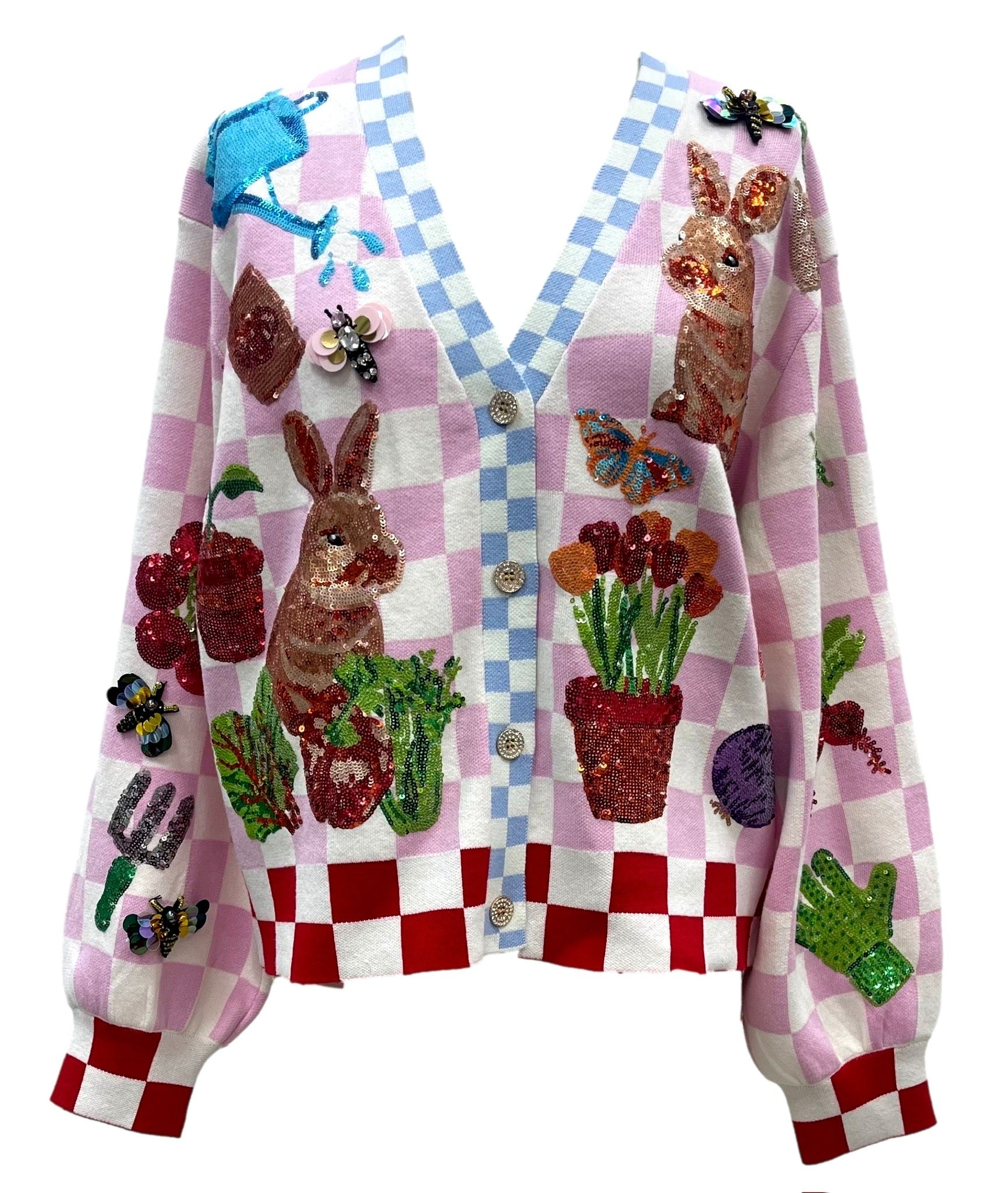 Pink & White Checkered Bunny Cardigan | Queen of Sparkles