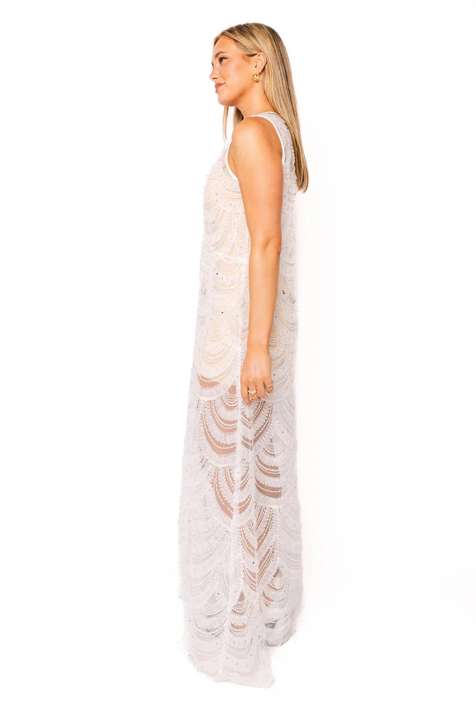 White Lace & Sequin Sheer Midi Dress/Coverup | Queen of Sparkles