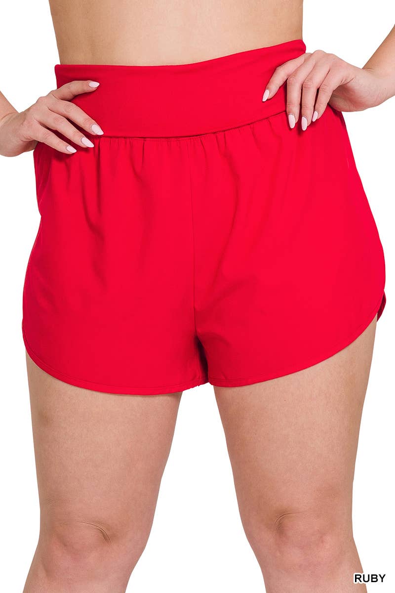 Plus Red High Waist Band Fold-over Running Shorts