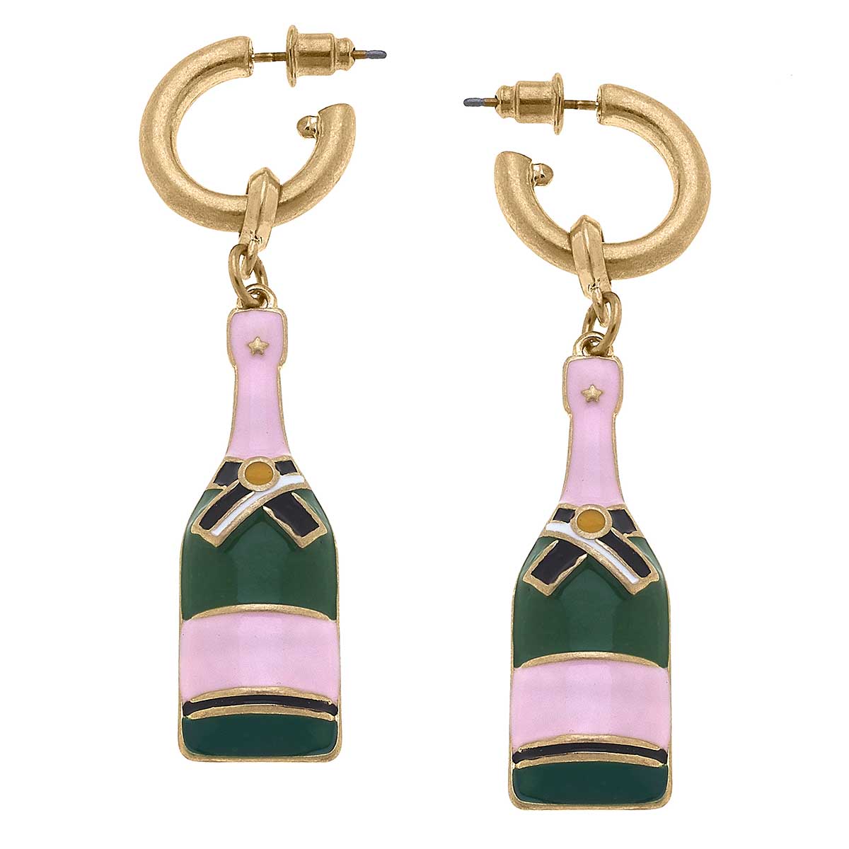 Lola Champagne Bottle Earrings in Pink & Green