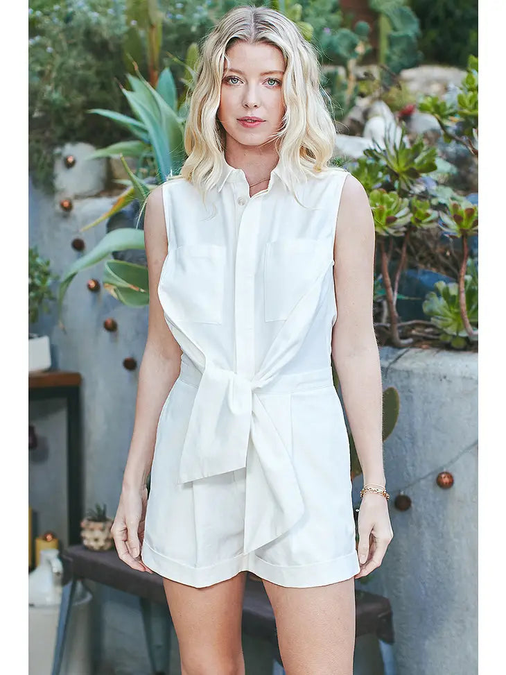 Ivory Button Down Front Tie Romper