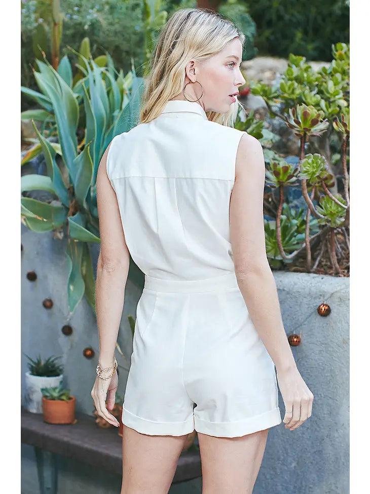 Ivory Button Down Front Tie Romper
