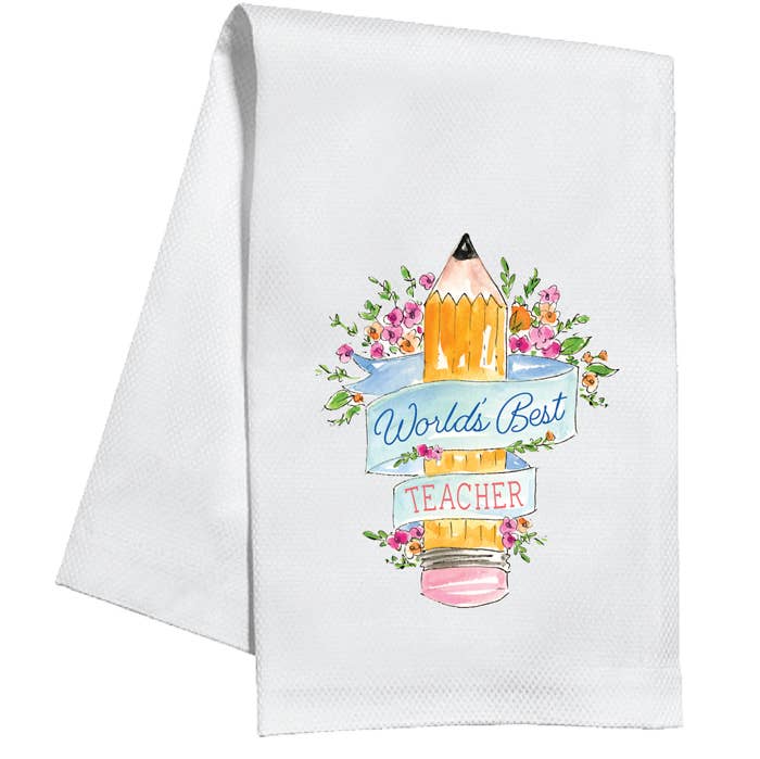 World's Best Teacher Pencil and Flowers Kitchen Towel