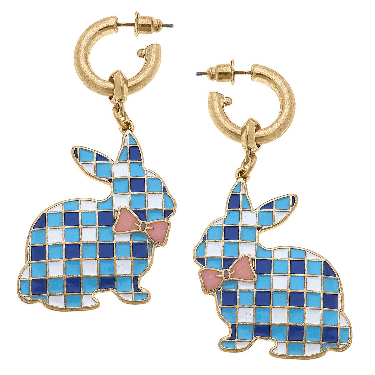 Stella Enamel Gingham Bunny Earrings in Blue & White