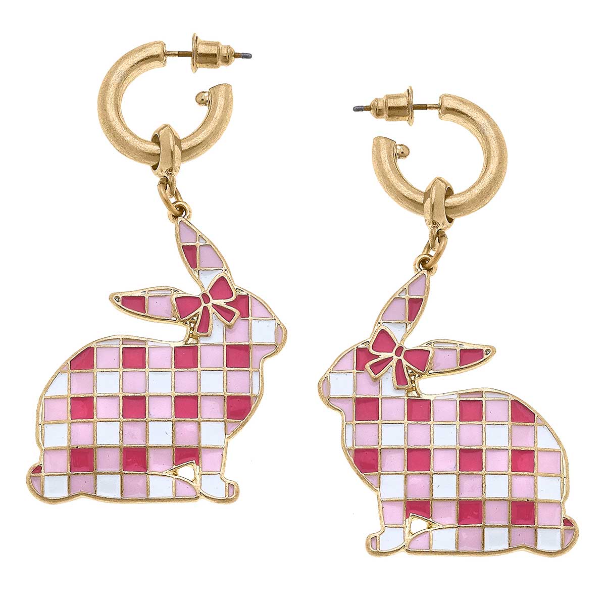 Stella Enamel Gingham Bunny Earrings in Pink & White