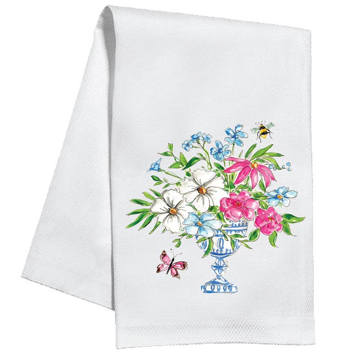 Handpainted Floral Arrangement Turquoise Kitchen Towel