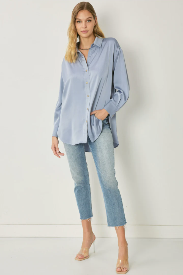 Plus Chambray Satin Button Up Collared Top
