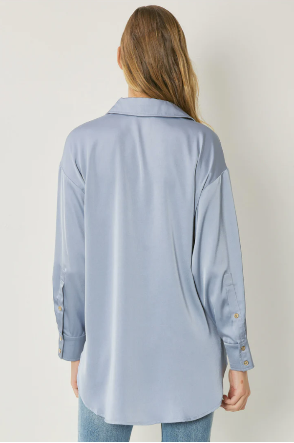 Plus Chambray Satin Button Up Collared Top