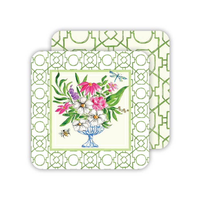 Handpainted Floral Arrangement Green Paper Coaster