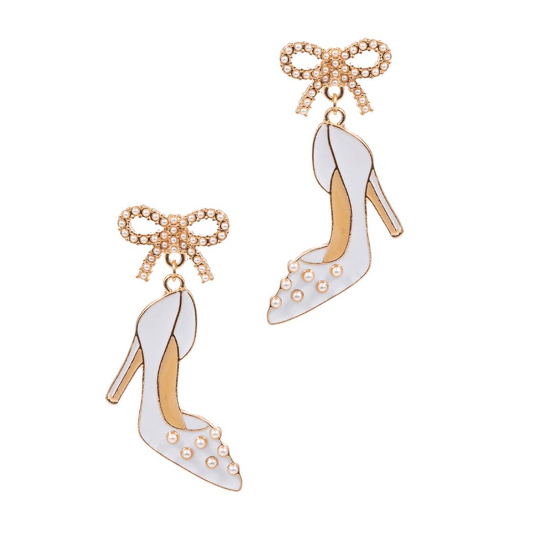 White Wedding Shoes Enamel Post Earrings