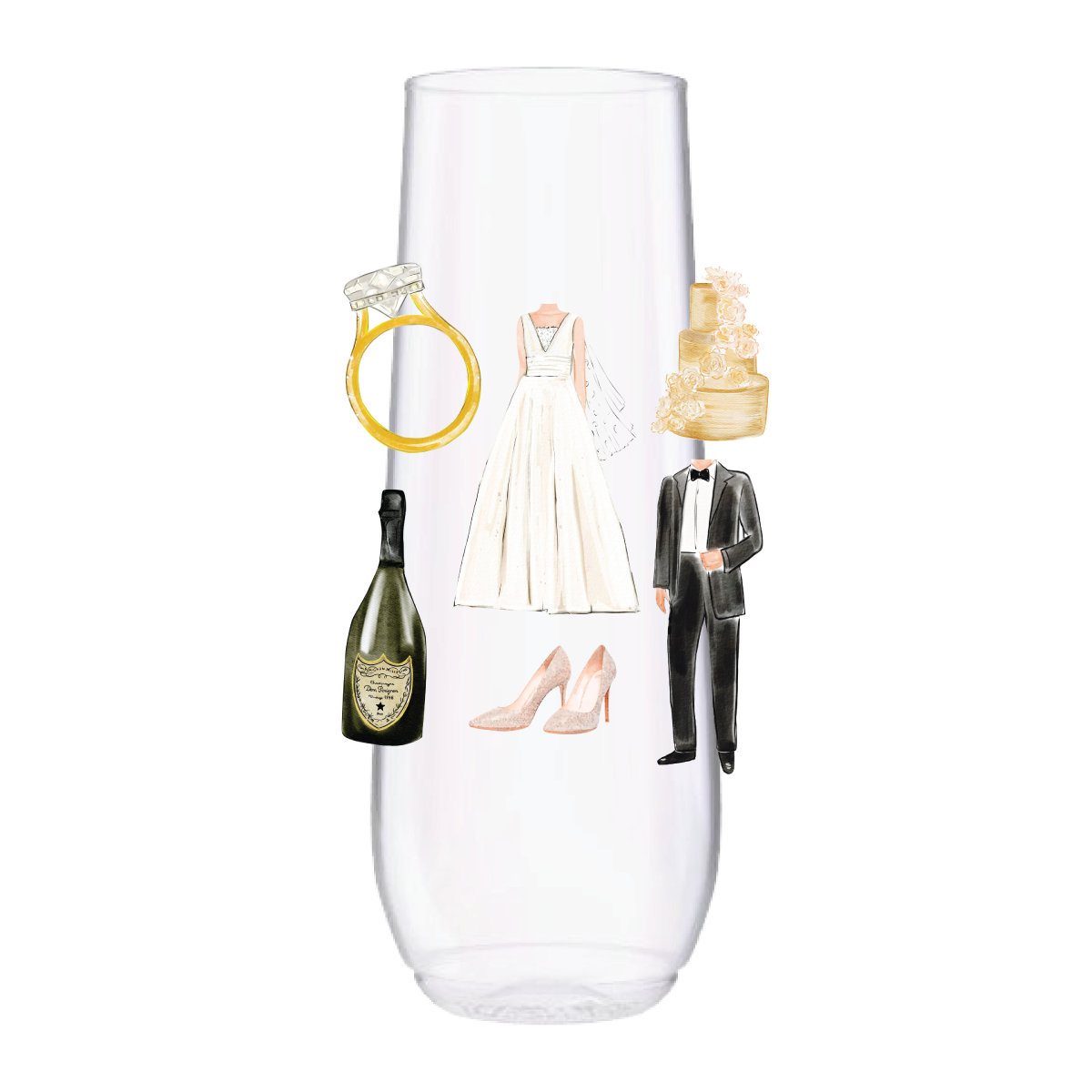 Wedding Collage Watercolor Champagne 9oz Flute Tossware - Wedding