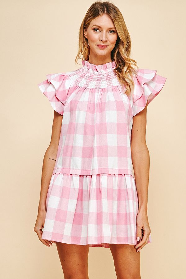 Gingham Embroidered Mini Dress (Pink)